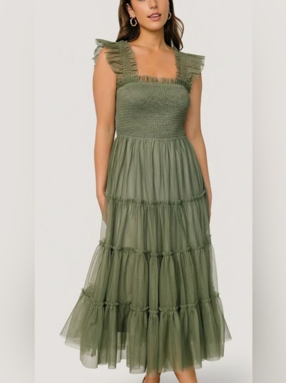 Baltic Born Olive Green Emma Smocked Tulle Tiered Midi Dress